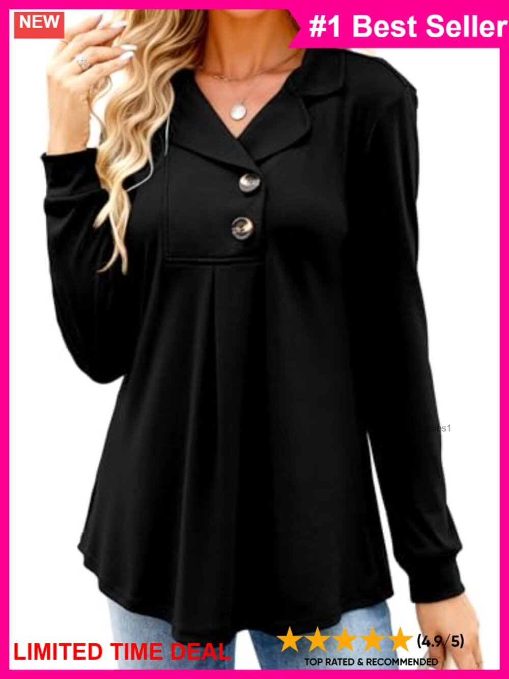 Womens Long Sleeve Tunic Top Notch Collar Button Sweatshirt Pullover
